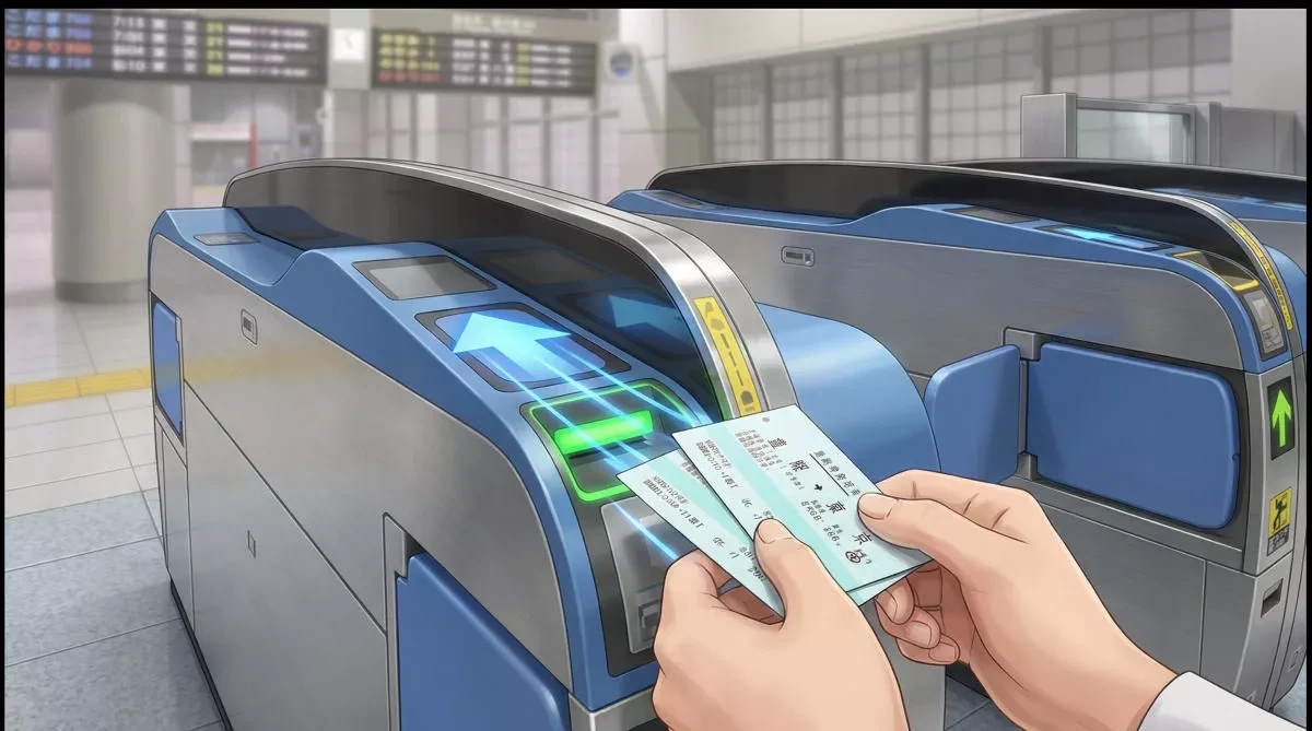 Passenger inserting tickets into Shinkansen ticket gate