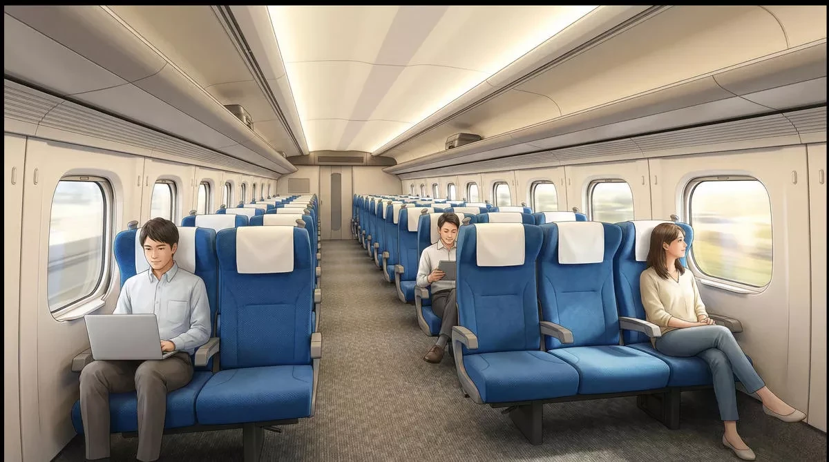 Interior of a Shinkansen train car showing comfortable seating