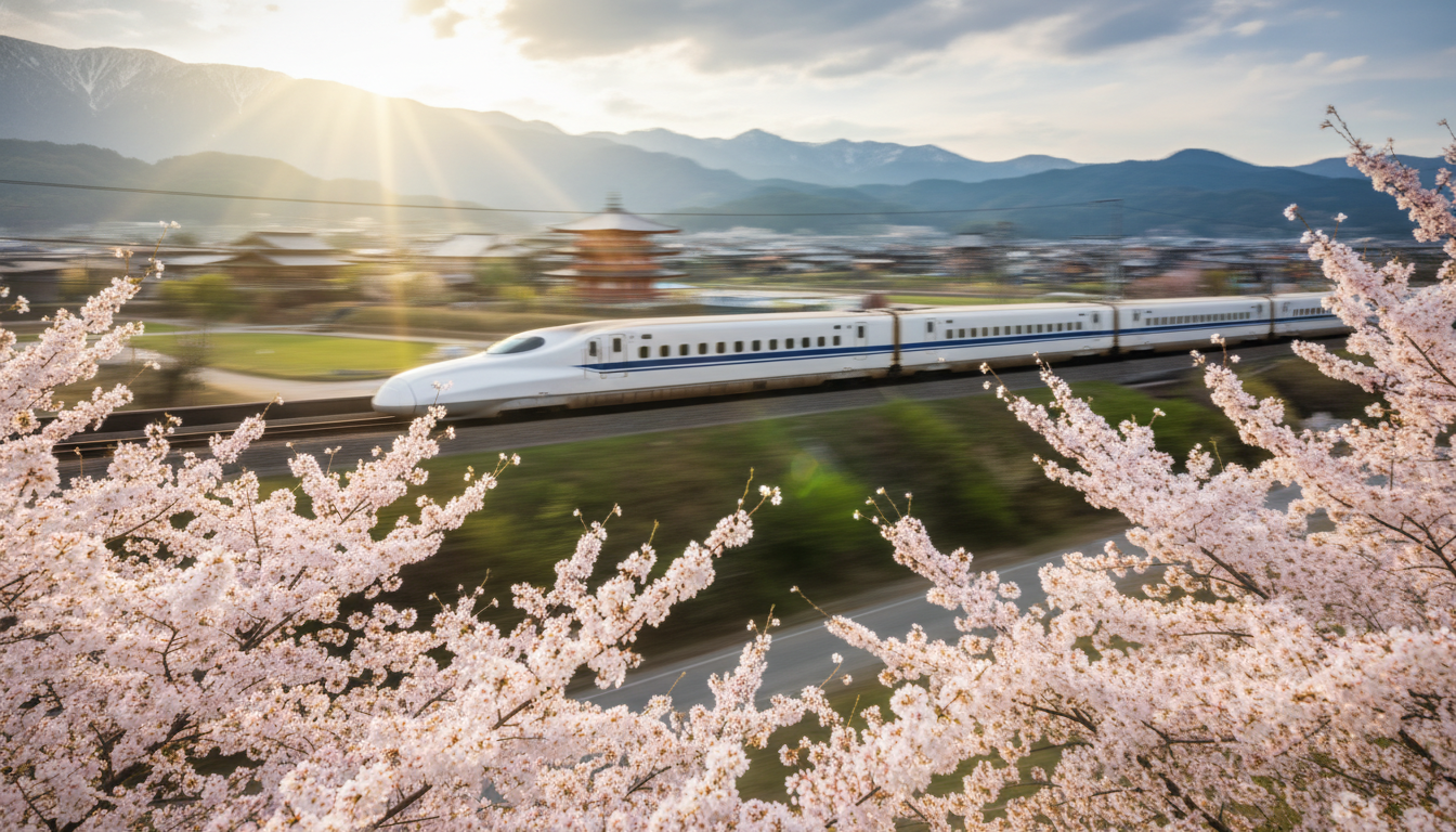 A sleek high-speed Shinkansen train speeding through the Japanese countryside with cherry blossoms in the foreground and a blurred background to emphasize velocity, cinematic lighting
