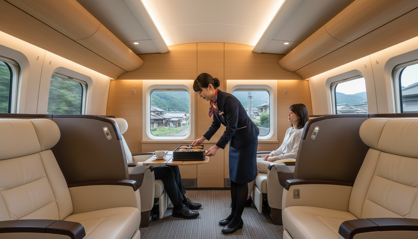 Inside a luxurious Shinkansen Gran Class cabin, featuring spacious leather seats, elegant wooden accents, and a cabin attendant serving a Japanese bento box