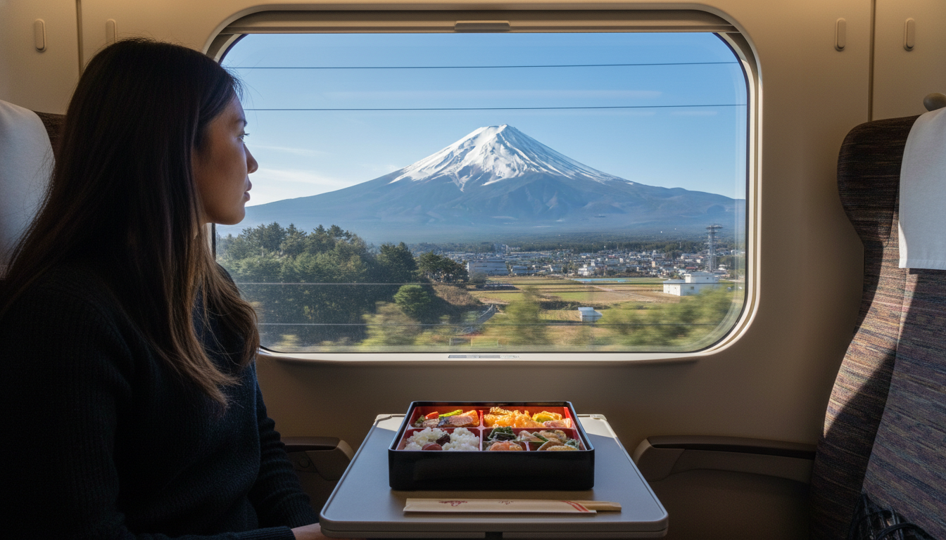 A passenger looking out of a Shinkansen window at a clear view of Mount Fuji, with a delicious Ekiben bento box on the tray table in front of them