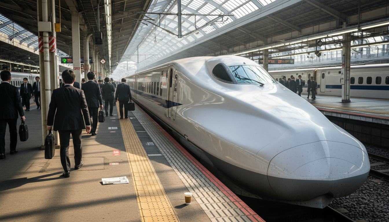 A white N700S Shinkansen bullet train at a busy Tokyo Station platform.