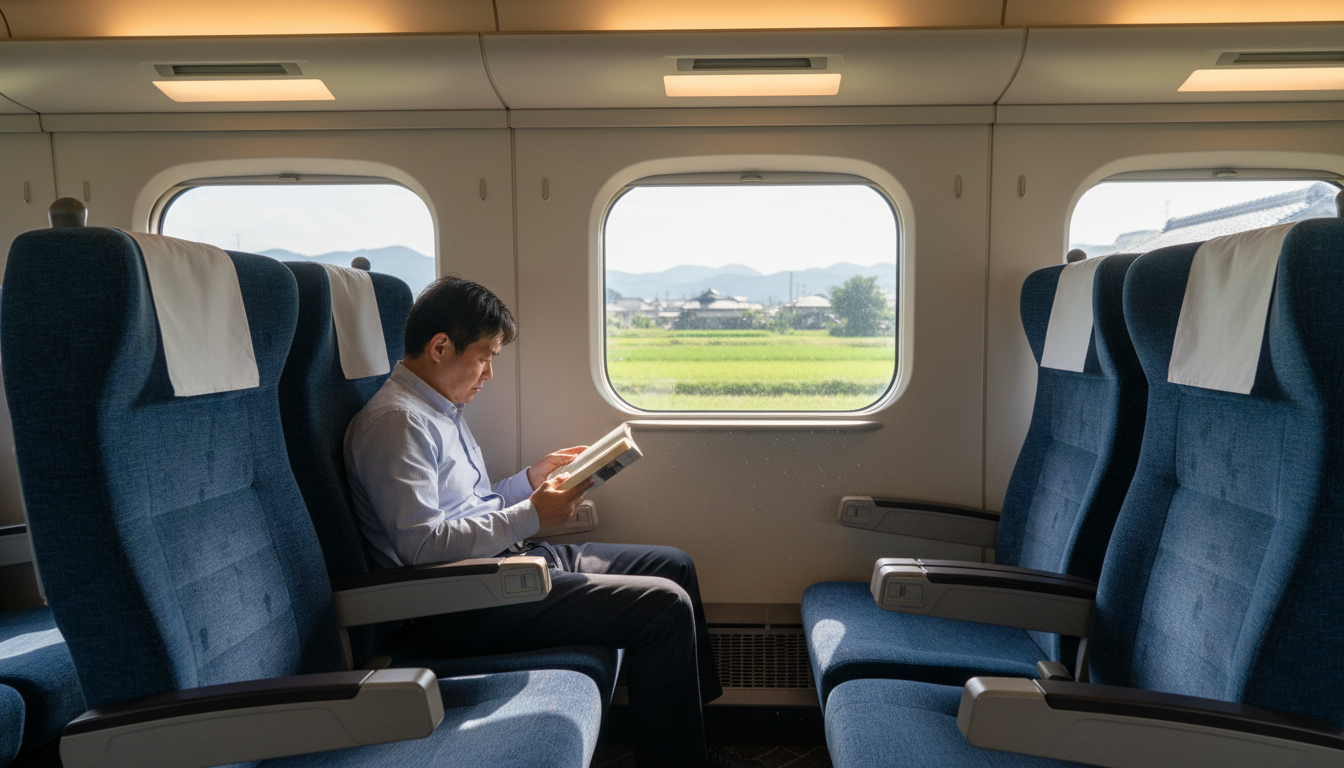 The spacious 2x2 seating arrangement inside a quiet Shinkansen Green Car carriage.