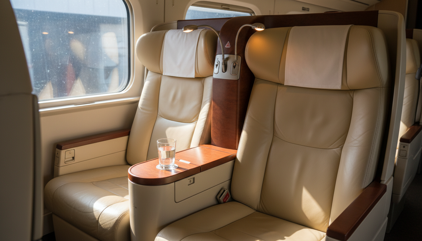 Luxury leather shell seats in a Gran Class carriage on a Shinkansen.