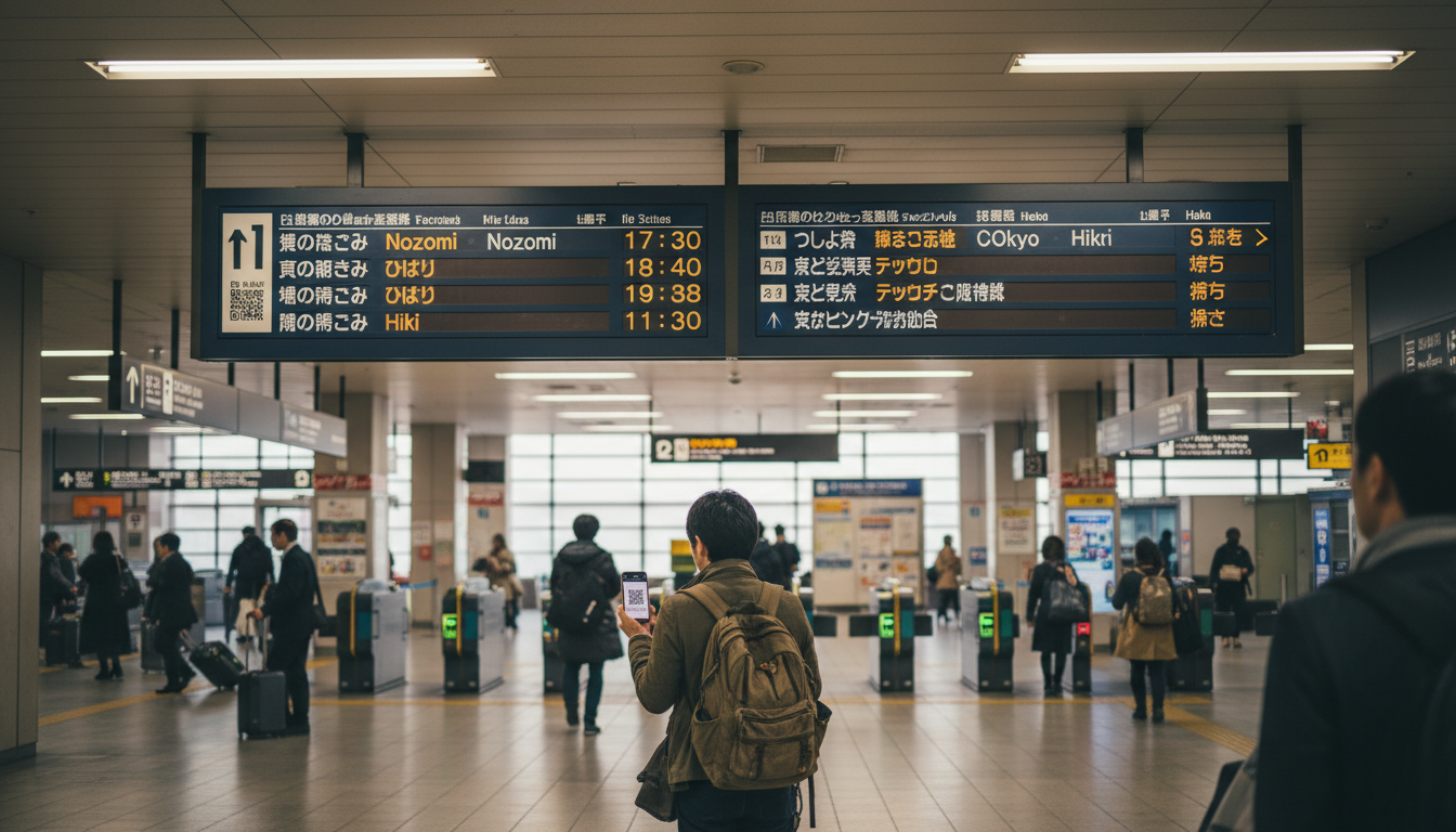 A digital departure board at a Shinkansen station showing various train times.