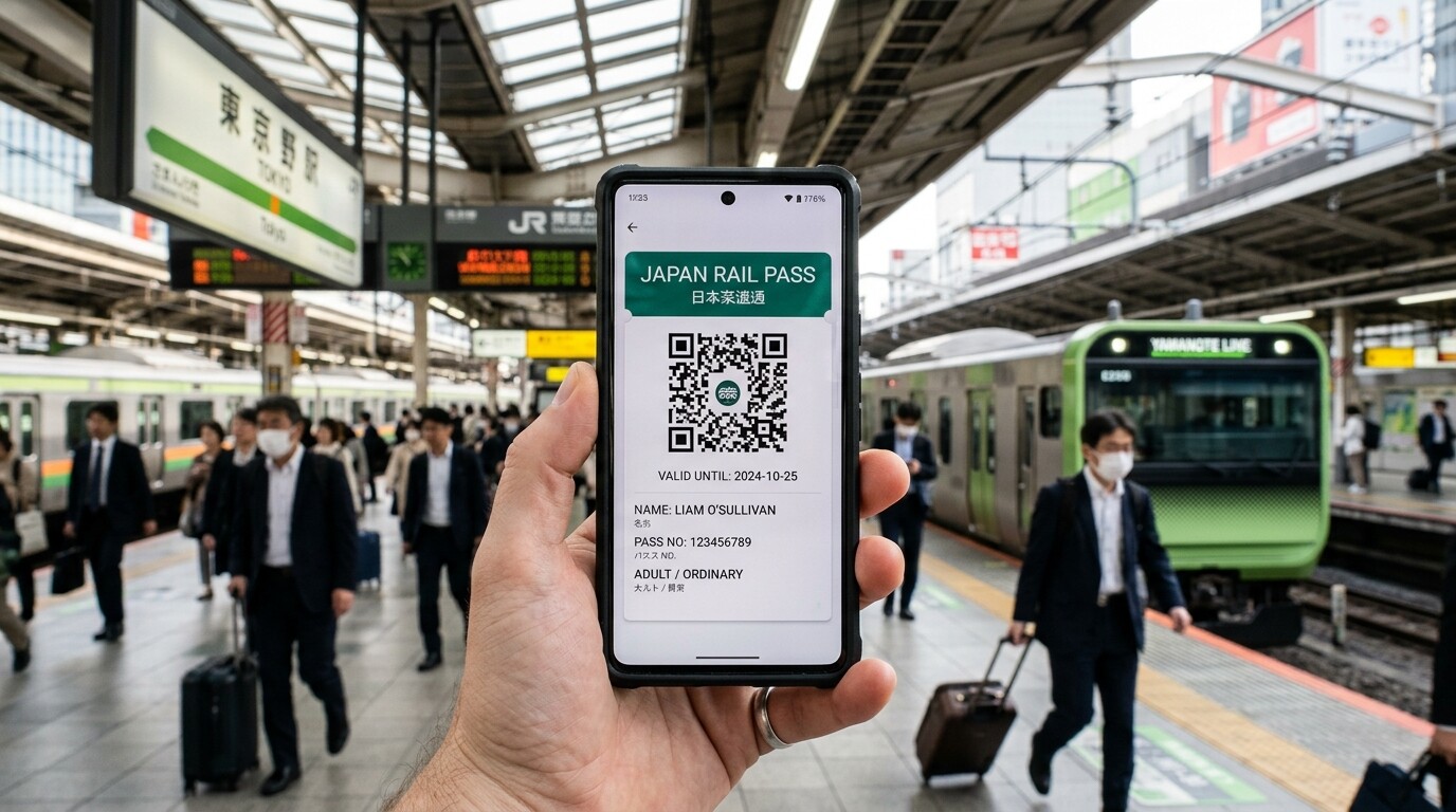 A smartphone displaying a digital JR Pass at a busy Tokyo train station.