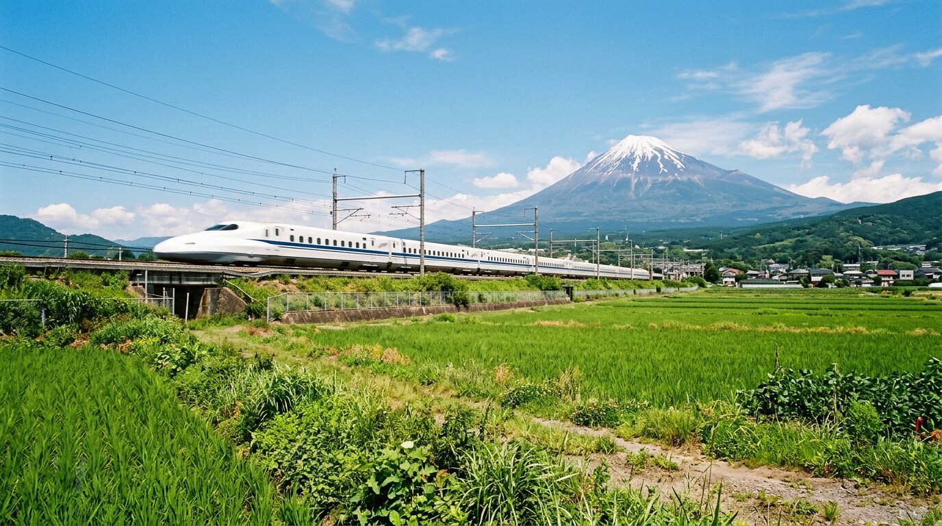 A Shinkansen bullet train traveling past Mount Fuji under a clear blue sky.
