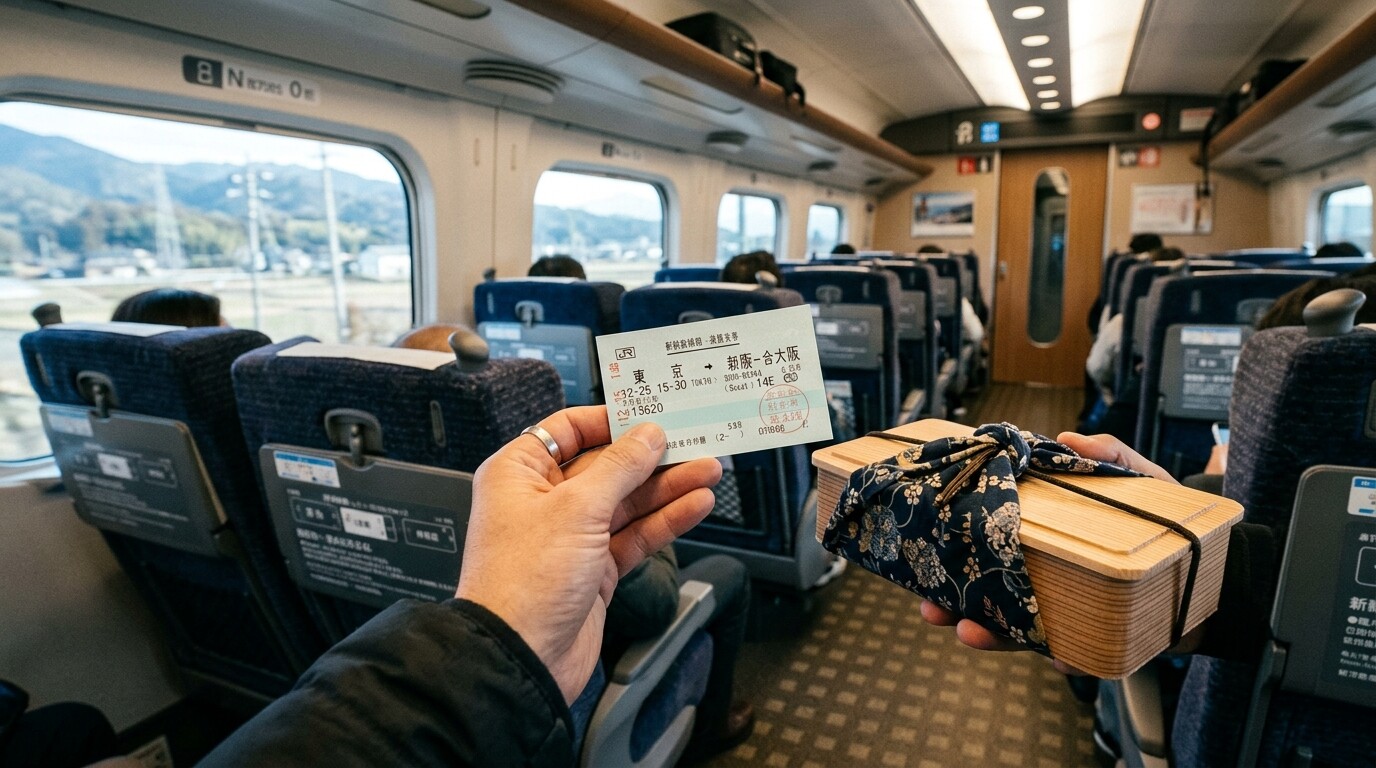 A traveler holding a train ticket and a bento box inside a Shinkansen.