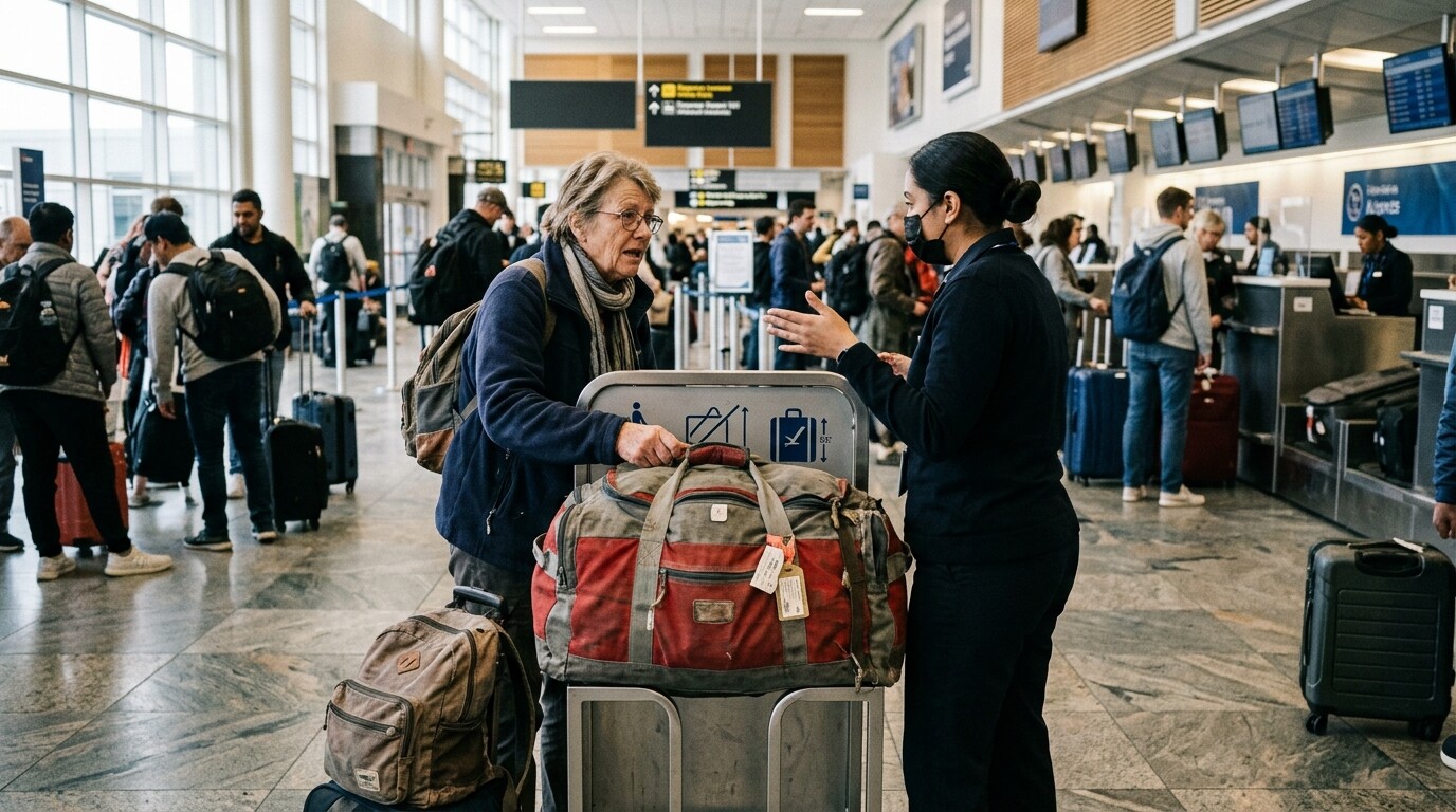 Passenger measuring a large suitcase before boarding the bullet train
