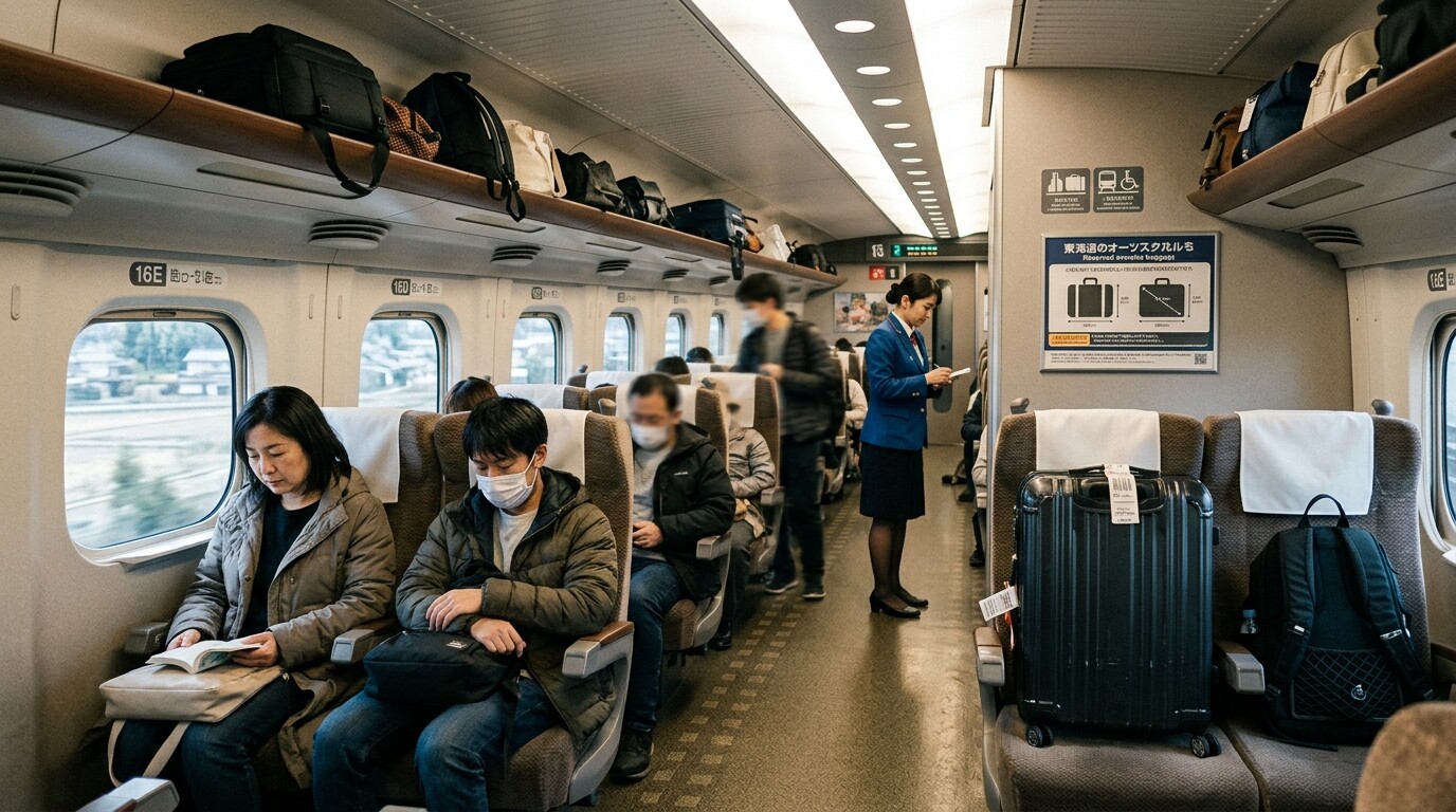 Map showing the Tokaido, Sanyo, and Kyushu Shinkansen lines requiring luggage reservations
