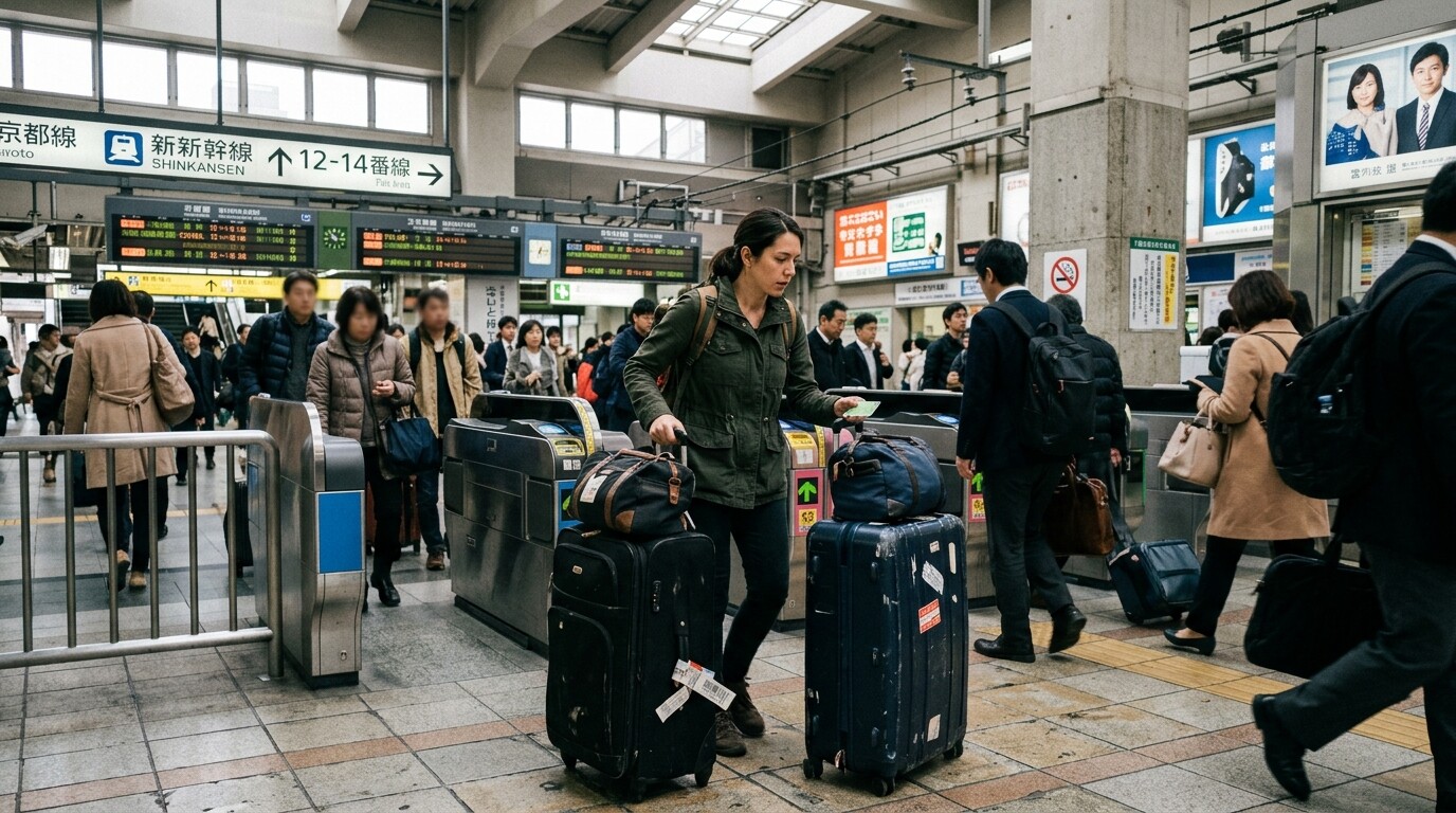 Traveler navigating a Japanese train station with a large suitcase