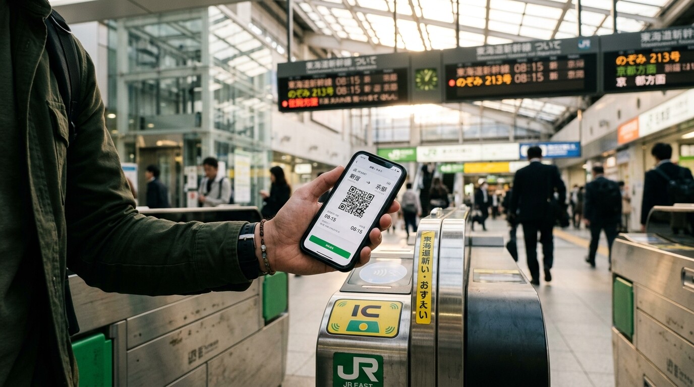 A traveler holds a smartphone with a digital Shinkansen ticket QR code at a station.