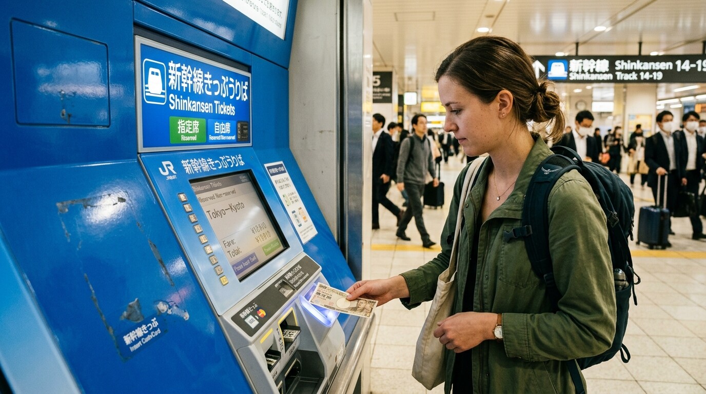 A person pays for a train ticket using Japanese yen at an automated station kiosk.