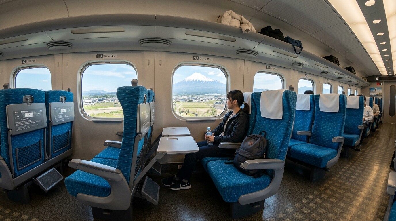 Interior of a Shinkansen bullet train with a view of Mount Fuji through the window.