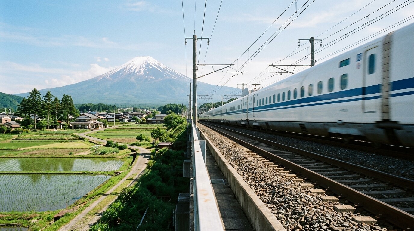A high-speed Shinkansen bullet train traveling past Mount Fuji under a clear blue sky.