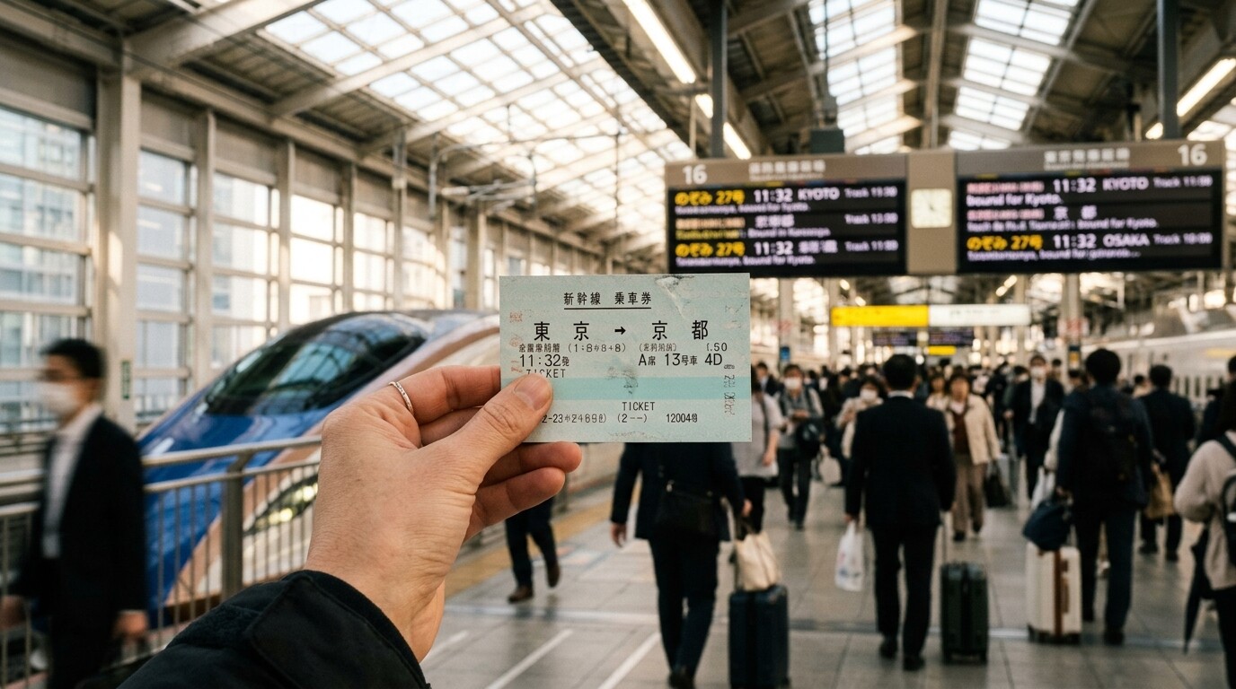 A traveler holding a Tokyo to Osaka bullet train ticket at a busy station platform.