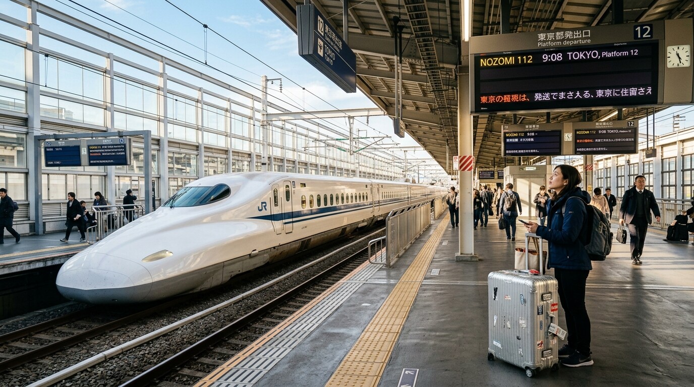 A traveler with a large silver suitcase standing near a Shinkansen bullet train.