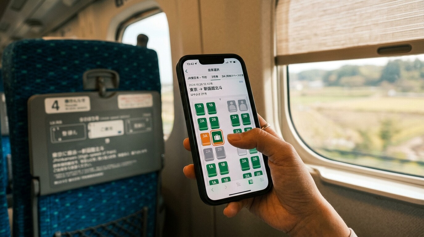A close-up of a smartphone screen showing a Shinkansen seat reservation with luggage.