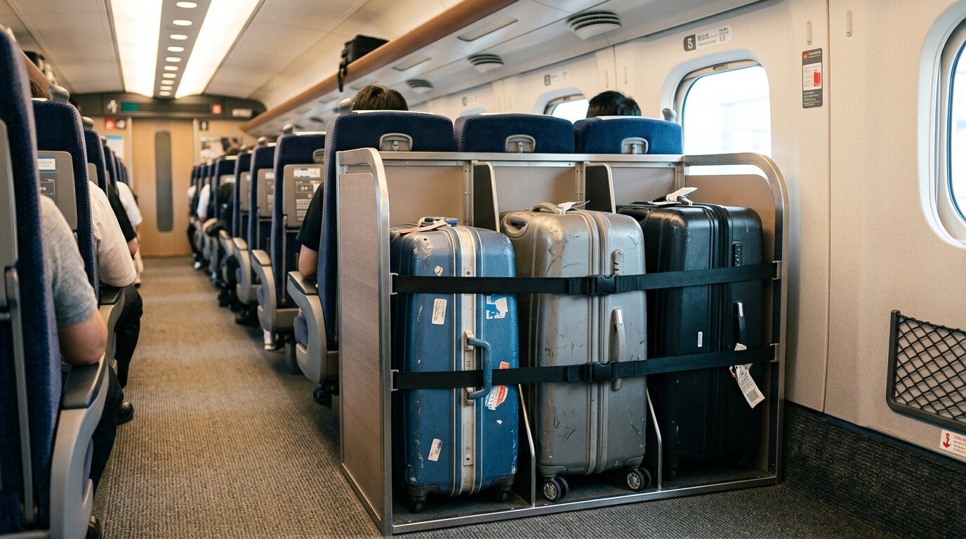 Large suitcases neatly stored in the dedicated baggage area of a Japanese bullet train.