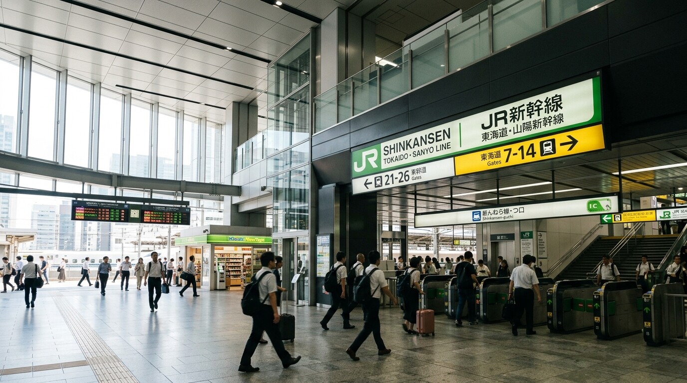 Modern interior of Shinagawa Station concourse with clear Shinkansen transfer signage.