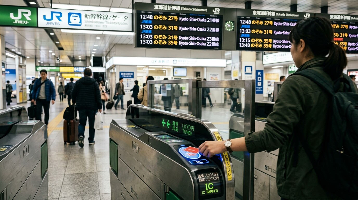 Close-up of electronic ticket gates and digital departure boards at Shinagawa Station.