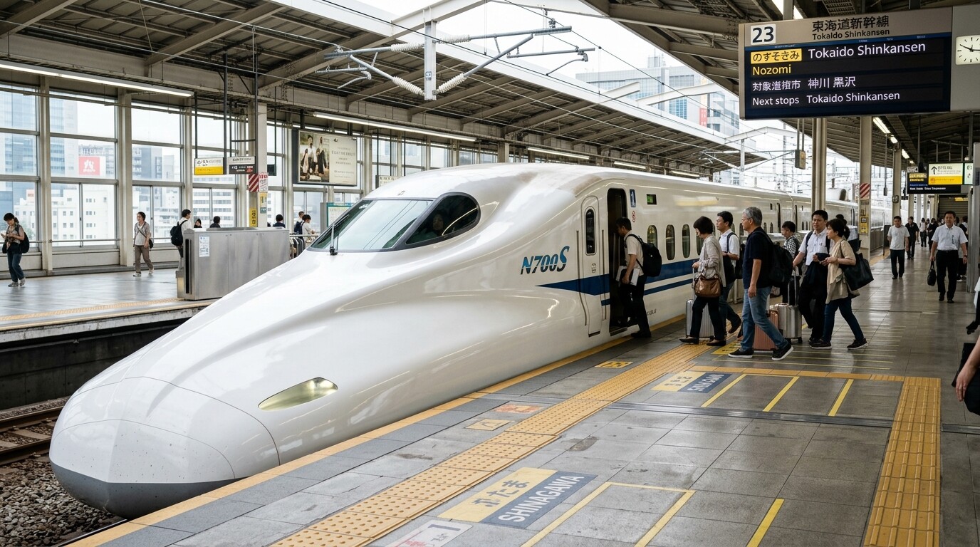 A sleek white Shinkansen bullet train at the Shinagawa Station platform.