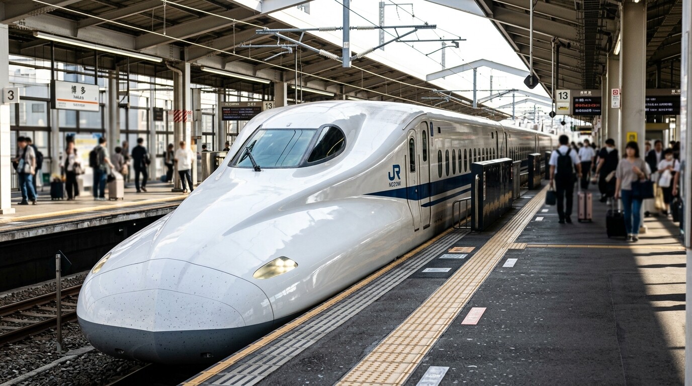 A Nozomi Shinkansen bullet train parked at the Hakata Station platform in Fukuoka.