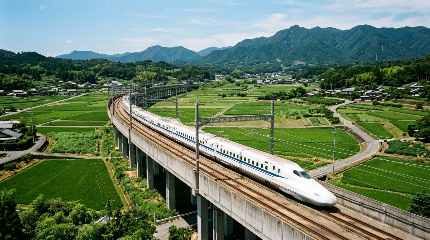 A high-speed bullet train traveling through the scenic Japanese countryside towards Osaka.