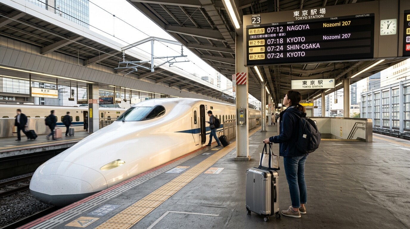 A traveler with a large suitcase standing next to a Shinkansen bullet train.
