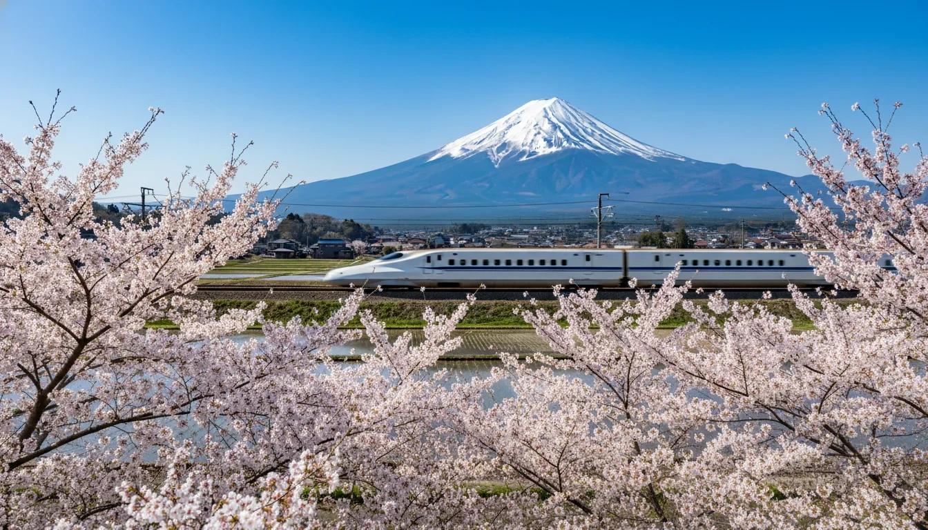 富士山樱花下的新干线